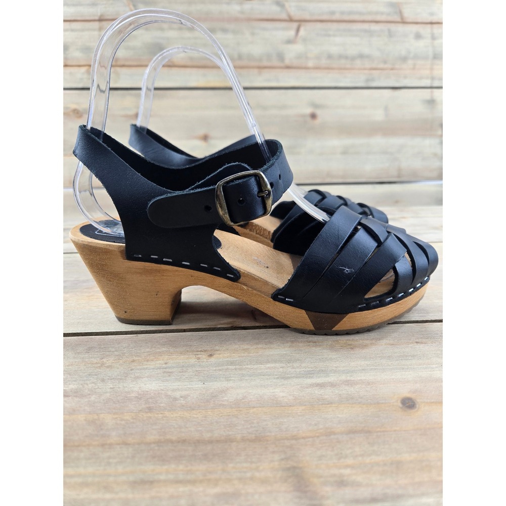Moheda Betty Flex Black Leather Woven Wooden Clog Sandals Made in Sweden Size 37